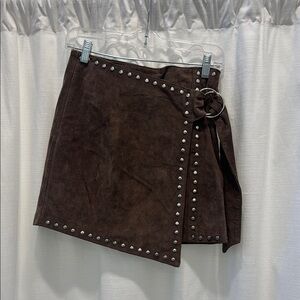 Brown Suede Wrap Skirt with Studded Details